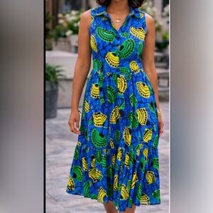 Blue Green Abstract Print Sleeveless Midi Dress 2XL Bold Summer Statement Dress